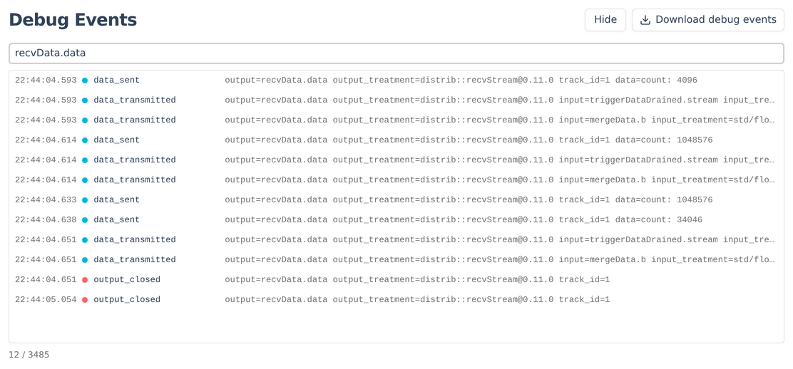 Événements de debug filtrés sur recvData.data : le binaire qui arrive au smoke test en quatre blocs