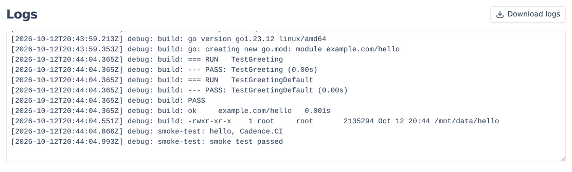 Logs du run : les tests Go qui passent dans l'étape build, puis le smoke test qui exécute le binaire